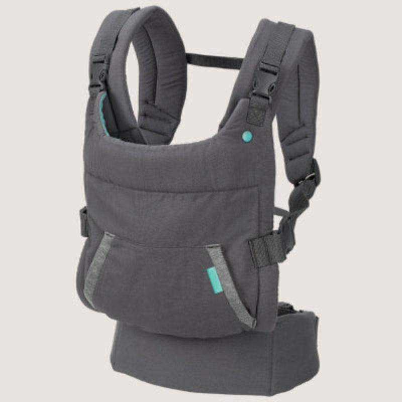 Gray baby carrier with teal accents on a white background